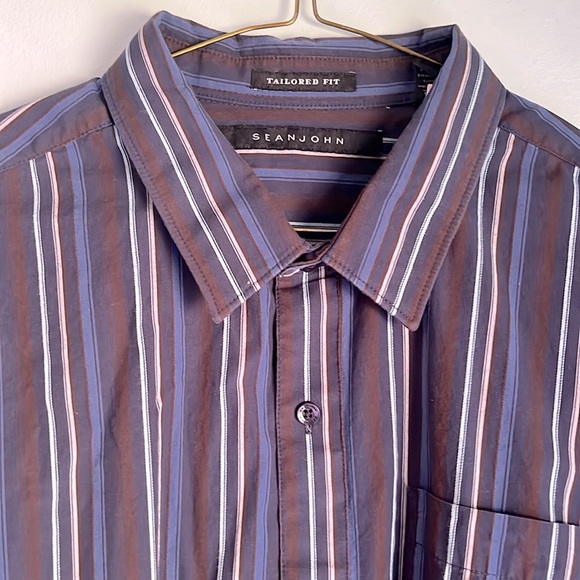 Sean John Shirts | Navy/Brown/ Blue Striped Sean John Tailored Fit Button Down Dress Shirt Size Xxl | Color: Blue/Brown | Size: Xxl | Youmayneedthis's